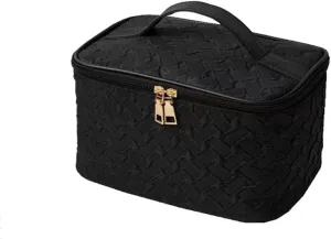 Black Cosmetic Bags for Women, Premium Large Capacity Portable Travel Makeup Bag, Multi-Functional Organizer with Separate Brushes Compartment, Handheld Square Design, Waterproof, 8.66 x 5.9 x 5.9 in