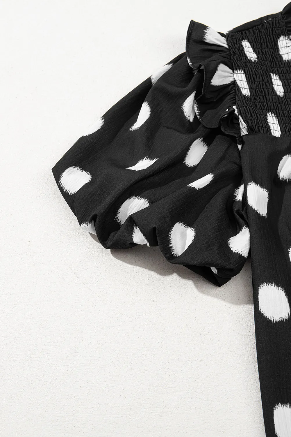 Black Polka Dot Print Shirred Yoke Notched Neck Balloon Sleeve Blouse