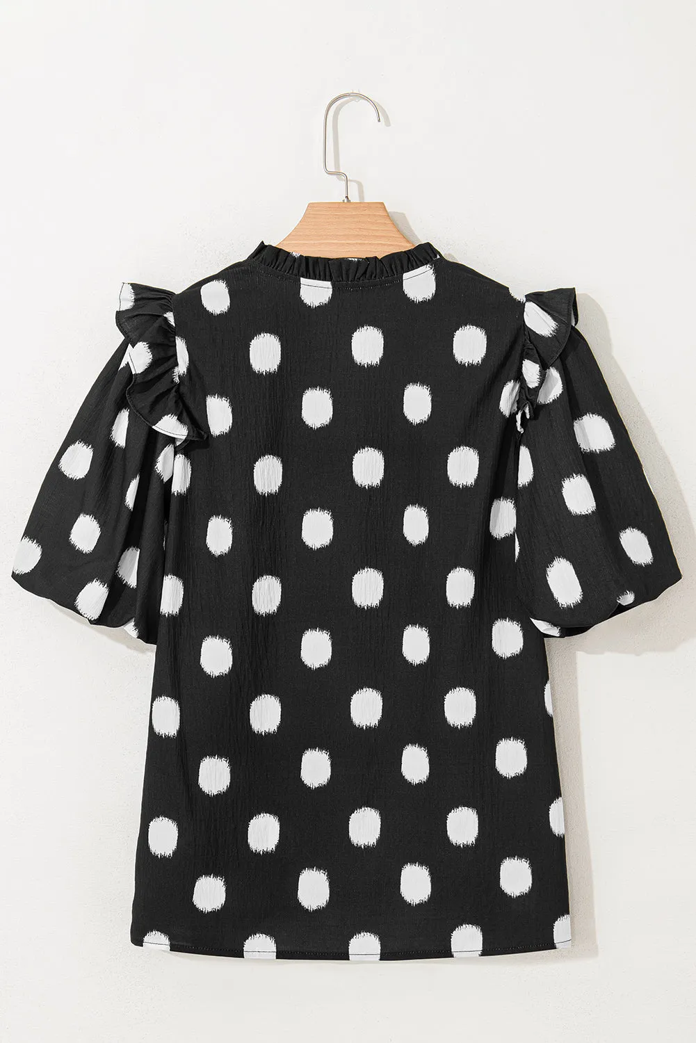Black Polka Dot Print Shirred Yoke Notched Neck Balloon Sleeve Blouse