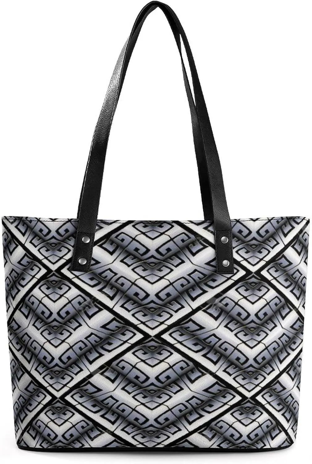 Black White Greek Key Modern Geometric Pattern Women Tote Bags Top Handle Satchel Handbags Faux Leather Tassel Shoulder Purse