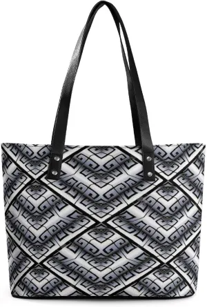 Black White Greek Key Modern Geometric Pattern Women Tote Bags Top Handle Satchel Handbags Faux Leather Tassel Shoulder Purse