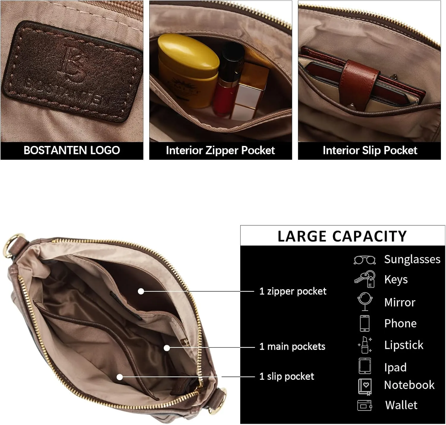 BOSTANTEN Crossbody Bags for Women Trendy Vegan Leather Hobo Purses Shoulder Handbags With Wide Shoulder Strap