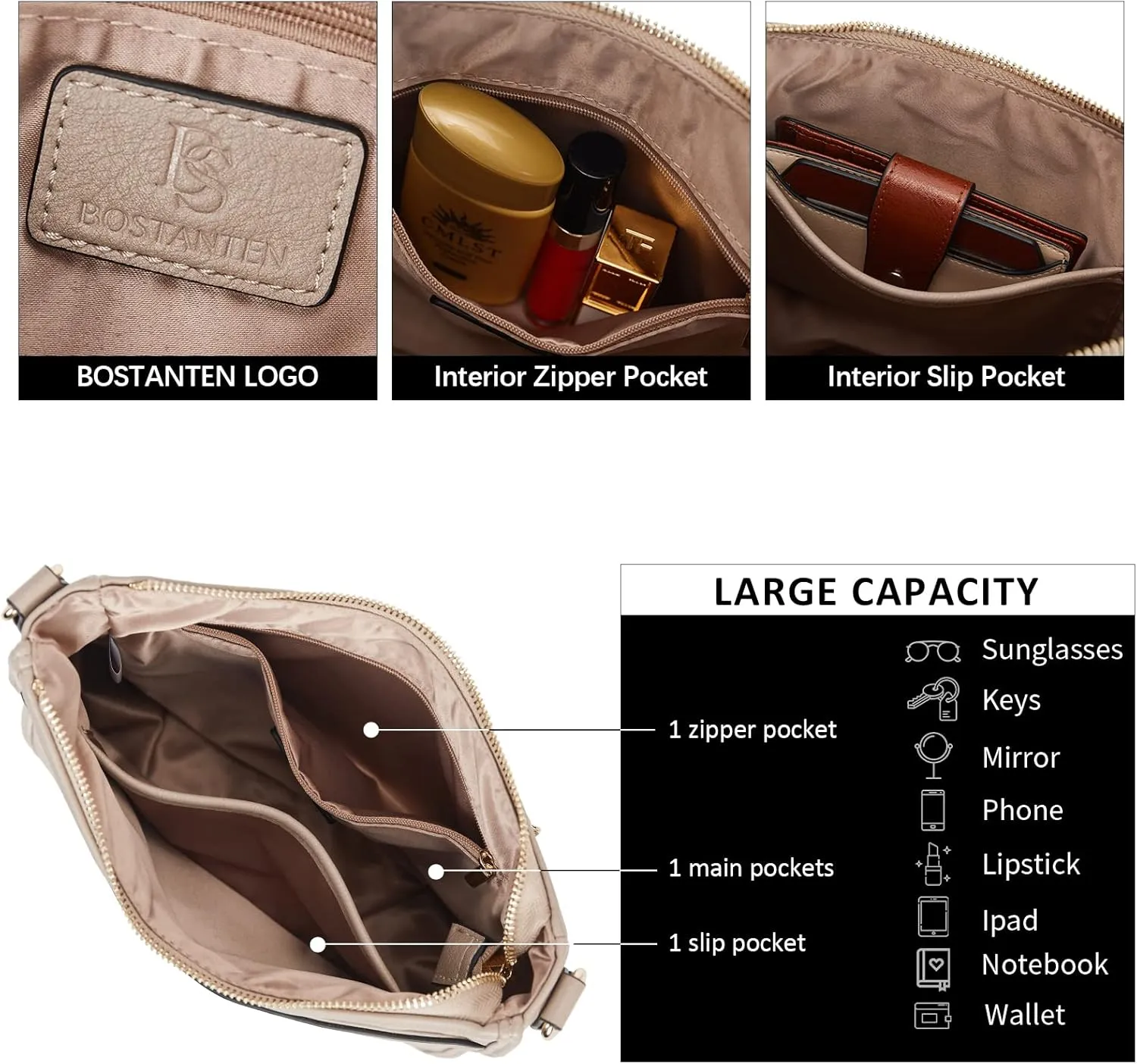 BOSTANTEN Crossbody Bags for Women Trendy Vegan Leather Hobo Purses Shoulder Handbags With Wide Shoulder Strap