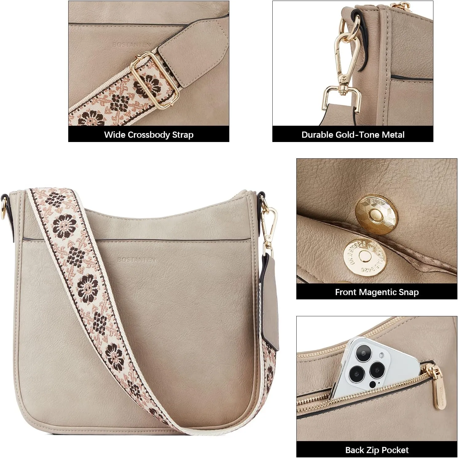 BOSTANTEN Crossbody Bags for Women Trendy Vegan Leather Hobo Purses Shoulder Handbags With Wide Shoulder Strap
