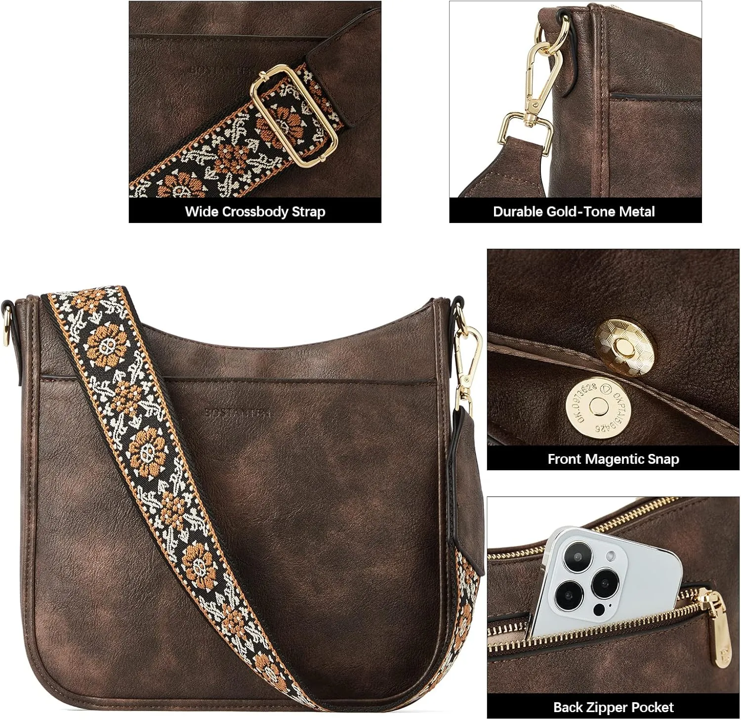 BOSTANTEN Crossbody Bags for Women Trendy Vegan Leather Hobo Purses Shoulder Handbags With Wide Shoulder Strap