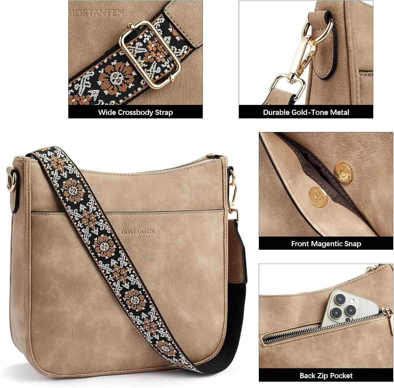 BOSTANTEN Crossbody Bags for Women Trendy Vegan Leather Hobo Purses Shoulder Handbags With Wide Shoulder Strap