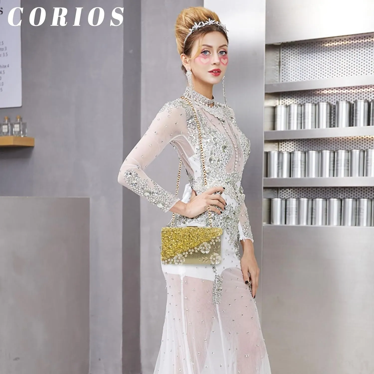 Bridal Wedding Purse Elegant Crossbody Women Evening Rhinestone Clutch Sparkly Crystal Handbag Pearl Beaded Shoulder
