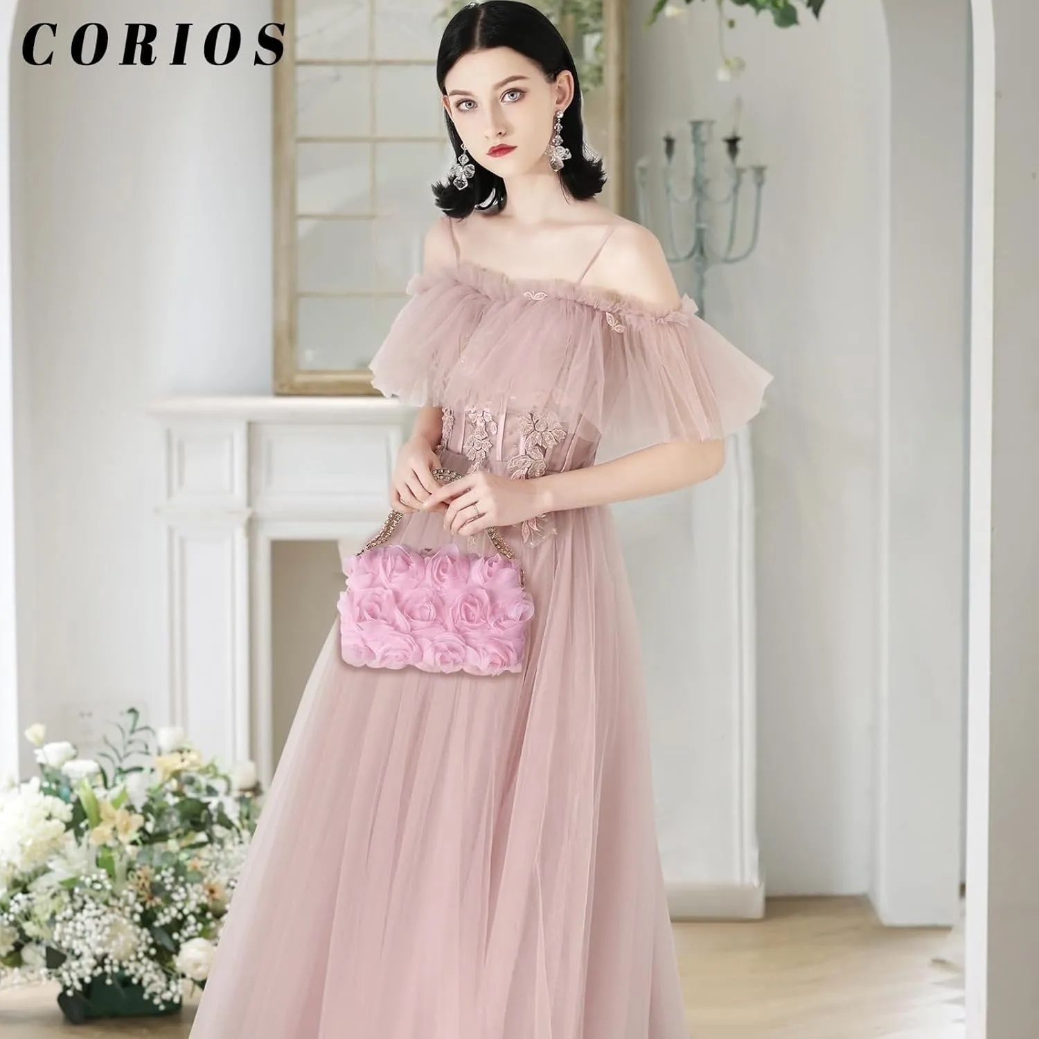 Bridal Wedding Purse Elegant Crossbody Women Rose Shaped Clutch Polyester Handbag Small Shoulder