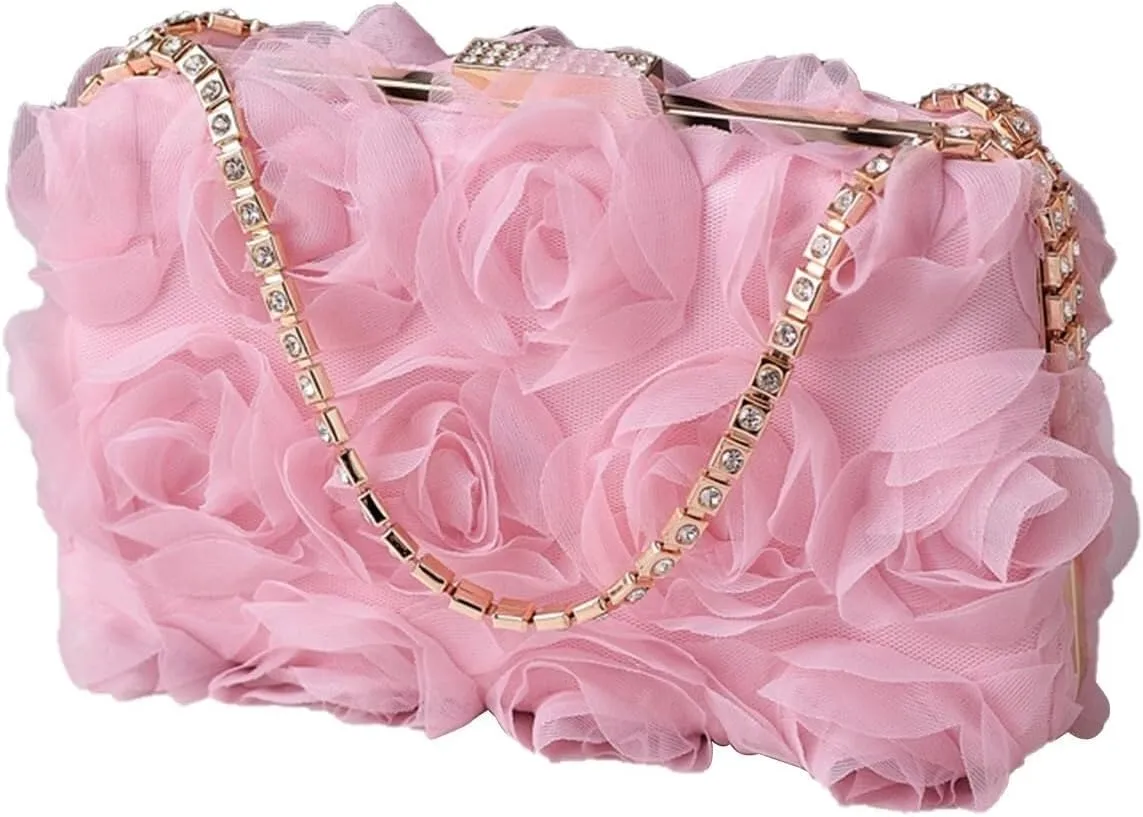 Bridal Wedding Purse Elegant Crossbody Women Rose Shaped Clutch Polyester Handbag Small Shoulder