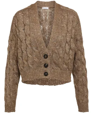 Brown Linen Paillette Cable Knit Cardigan