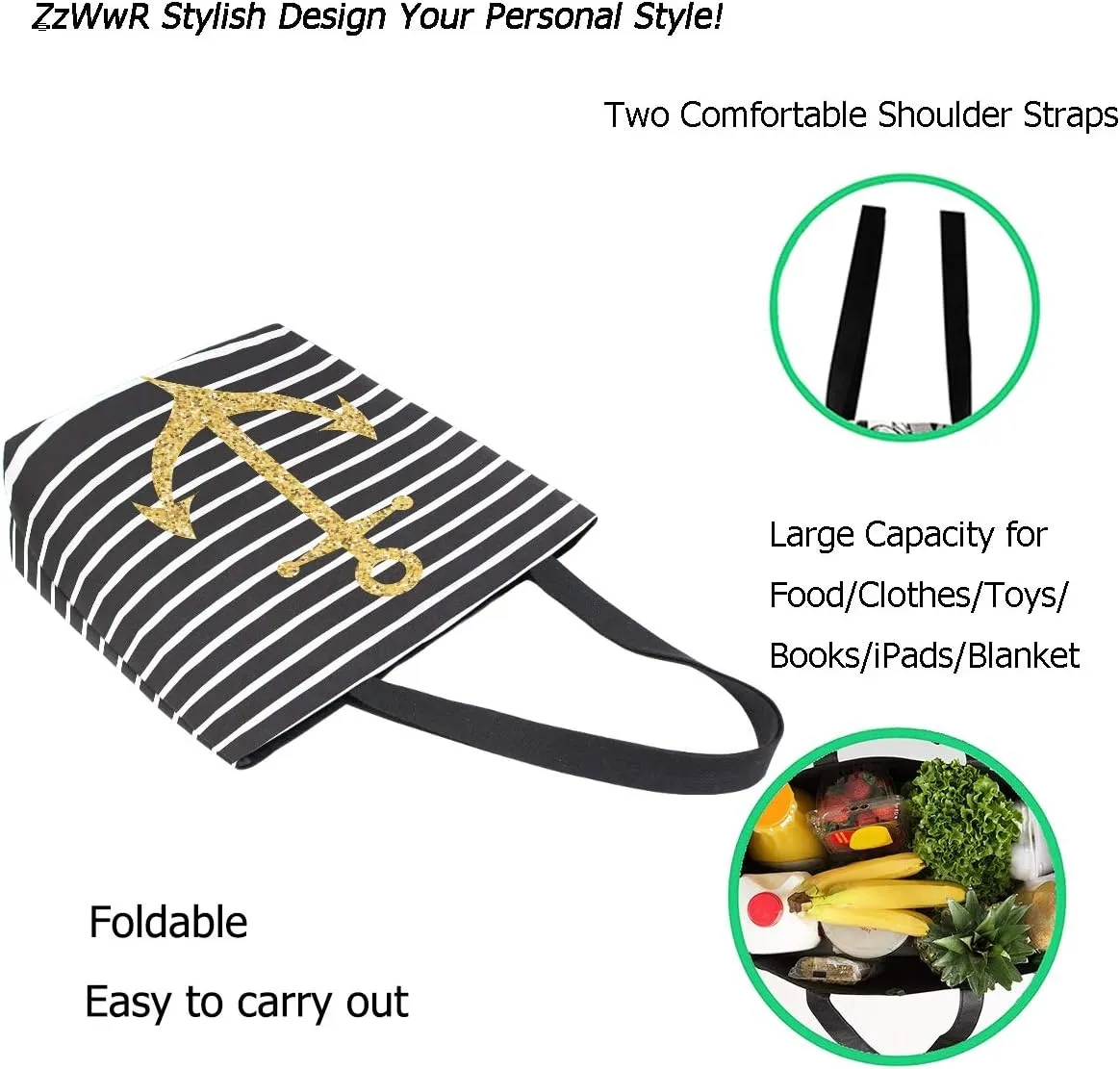 Chic Nautical Golden Anchor Stripe Extra Large Canvas Market Beach Travel Reusable Grocery Shopping Tote Bag Portable Storage HandBags(Black White)