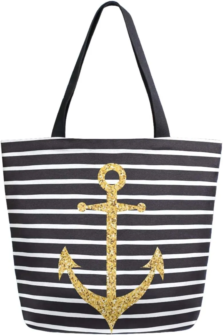 Chic Nautical Golden Anchor Stripe Extra Large Canvas Market Beach Travel Reusable Grocery Shopping Tote Bag Portable Storage HandBags(Black White)