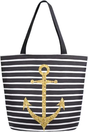 Chic Nautical Golden Anchor Stripe Extra Large Canvas Market Beach Travel Reusable Grocery Shopping Tote Bag Portable Storage HandBags(Black White)