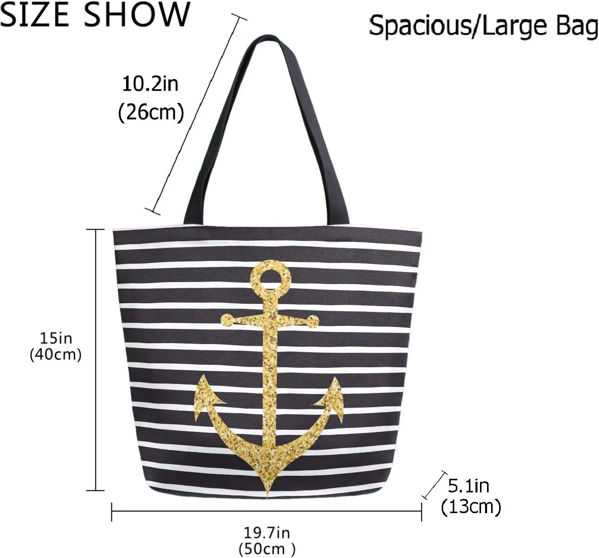 Chic Nautical Golden Anchor Stripe Extra Large Canvas Market Beach Travel Reusable Grocery Shopping Tote Bag Portable Storage HandBags(Black White)