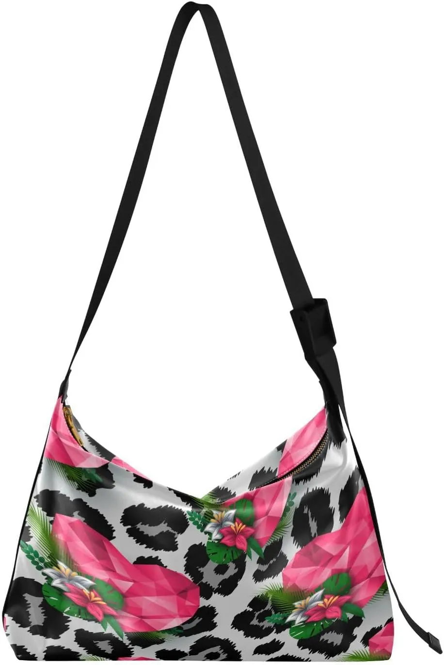 Chic Pink Hearts Hobo Crossbody Bags for Women Leather Large Shoulder Bag Cross Body Wildlife Leopard Print Trendy Womens Tote Bags Handbag for Travel Shopping