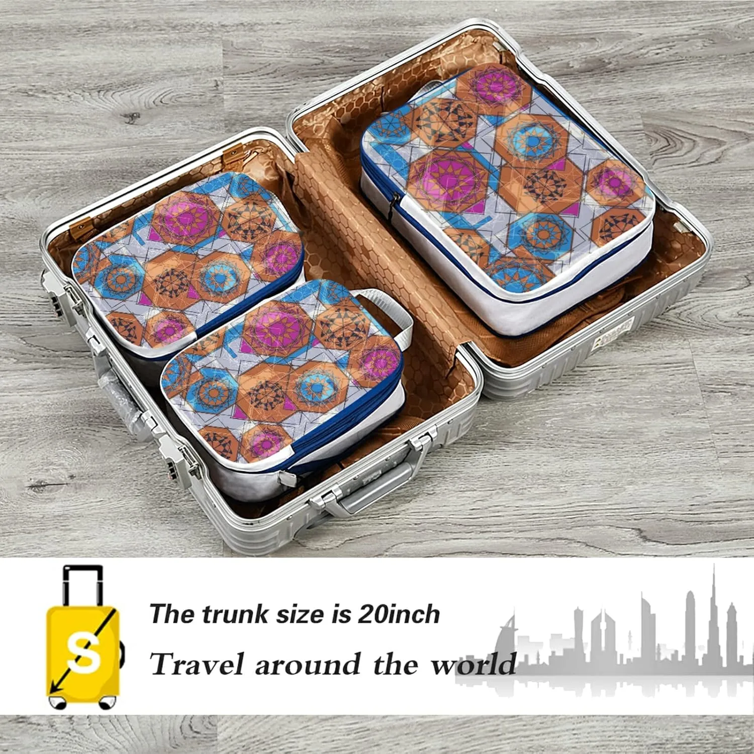 Colorful Floral and Geometric Modern Abstract Design 3 Piece set Cubes Expandable Adjustable Luggage Packing Bags, Ultralight Organizer Accessories Travel Suitcase Compressible Bags