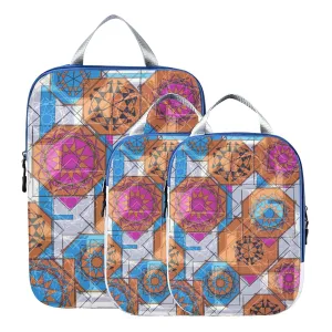 Colorful Floral and Geometric Modern Abstract Design 3 Piece set Cubes Expandable Adjustable Luggage Packing Bags, Ultralight Organizer Accessories Travel Suitcase Compressible Bags
