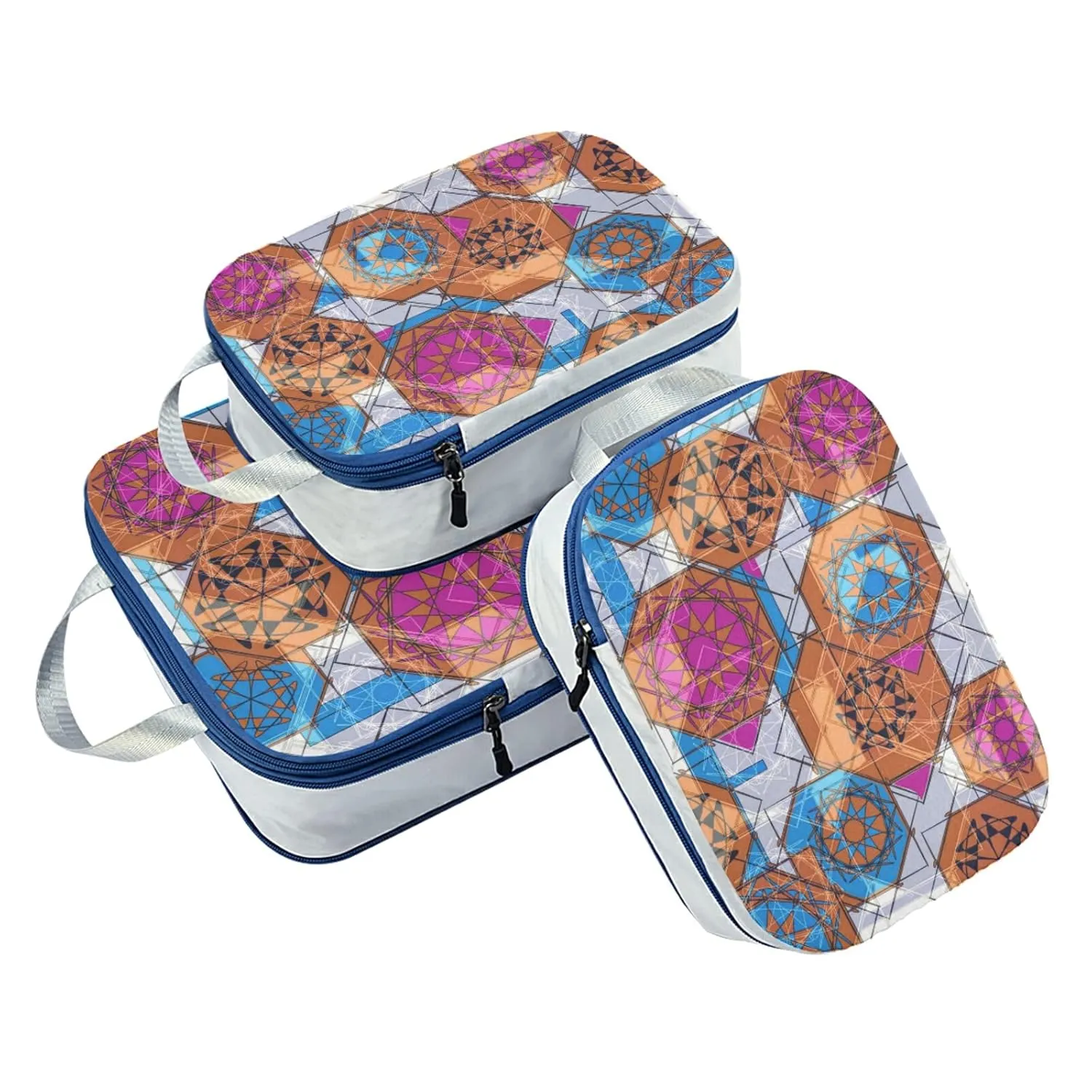 Colorful Floral and Geometric Modern Abstract Design 3 Piece set Cubes Expandable Adjustable Luggage Packing Bags, Ultralight Organizer Accessories Travel Suitcase Compressible Bags