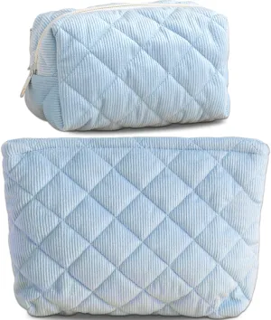 Corduroy Makeup Bag for Girls 2-Piece Set, Stylish Quilted Cosmetic Bag for Teens, Travel Toiletry Bag Pouch for Women, Portable Storage Organizer for Holidays, Baby Showers, Gift, Blue