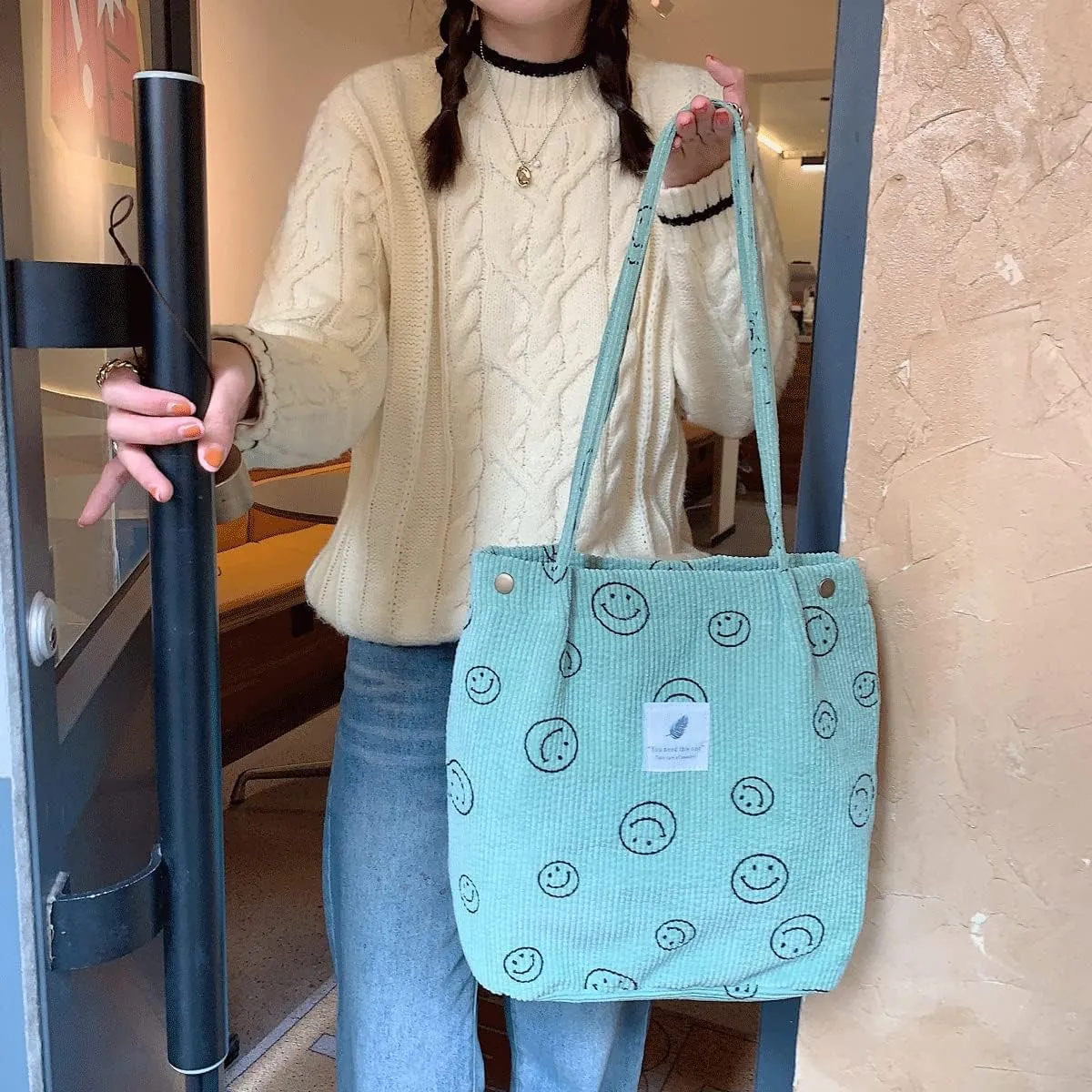 Corduroy Tote Bag Aesthetic Cute Tote Bags Large School Shoulder Bags for Girls Trendy Stuff