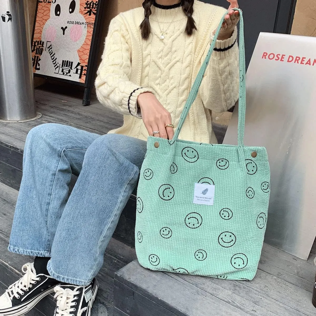 Corduroy Tote Bag Aesthetic Cute Tote Bags Large School Shoulder Bags for Girls Trendy Stuff