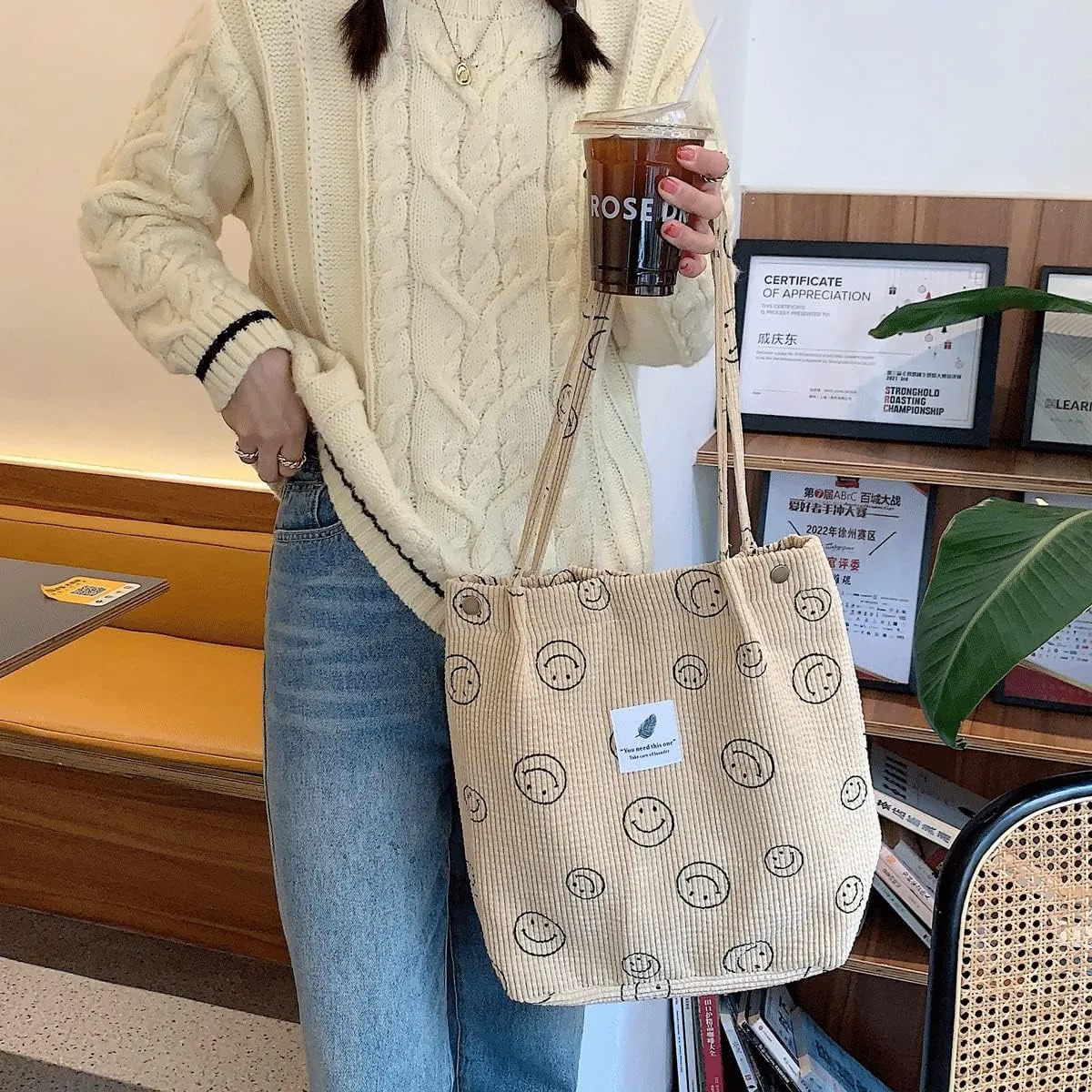 Corduroy Tote Bag Aesthetic Cute Tote Bags Large School Shoulder Bags for Girls Trendy Stuff
