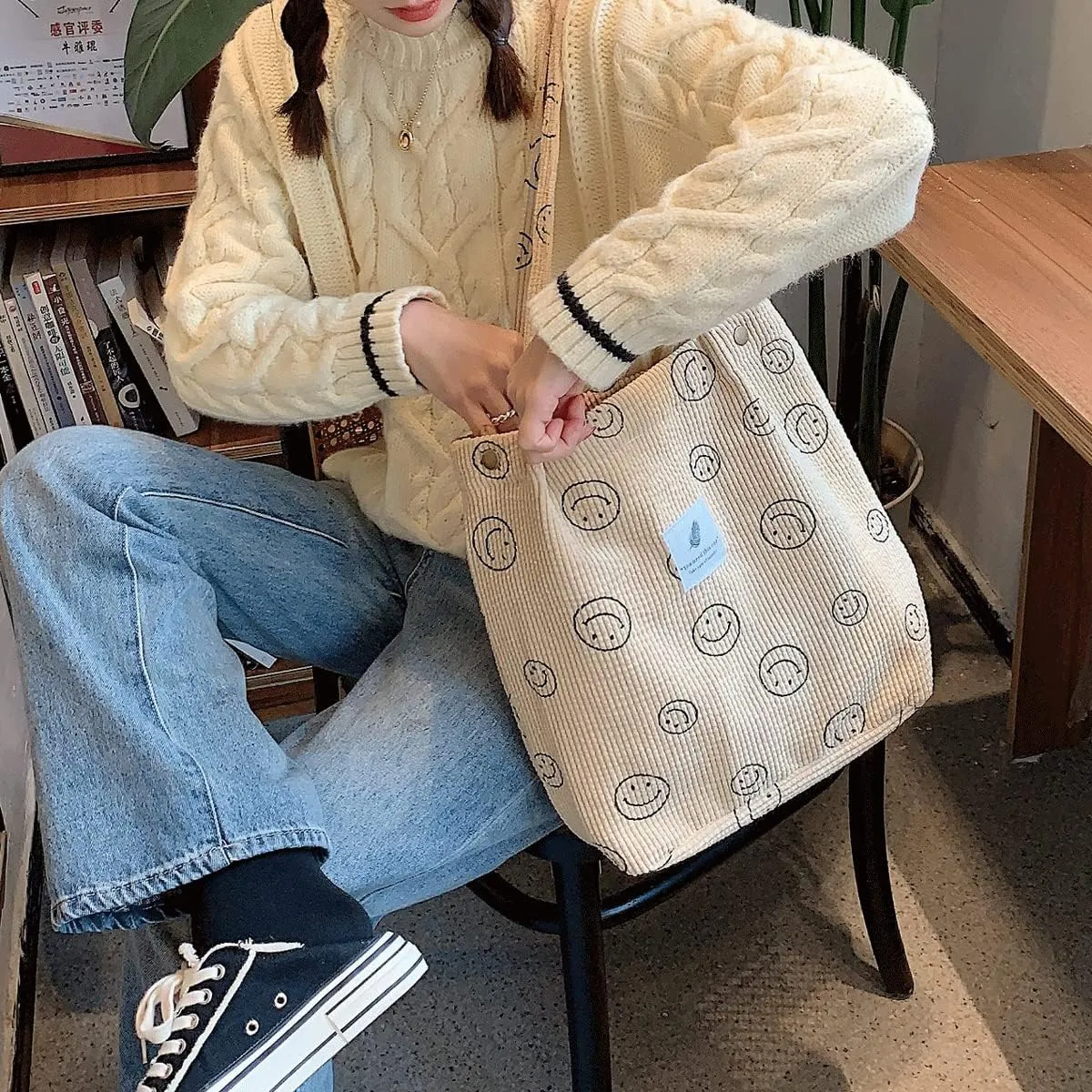 Corduroy Tote Bag Aesthetic Cute Tote Bags Large School Shoulder Bags for Girls Trendy Stuff