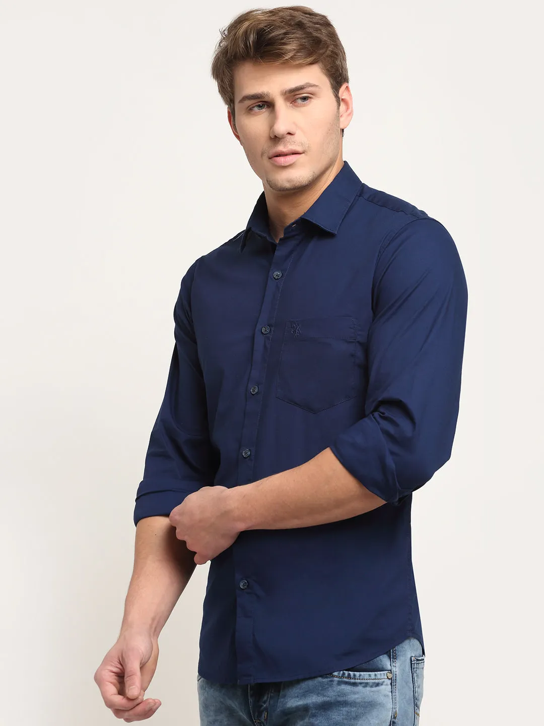 Cotton Blend Solid Blue Full Sleeve Casual Shirt for Men with Pocket