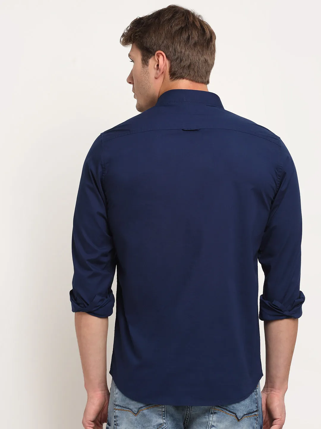 Cotton Blend Solid Blue Full Sleeve Casual Shirt for Men with Pocket