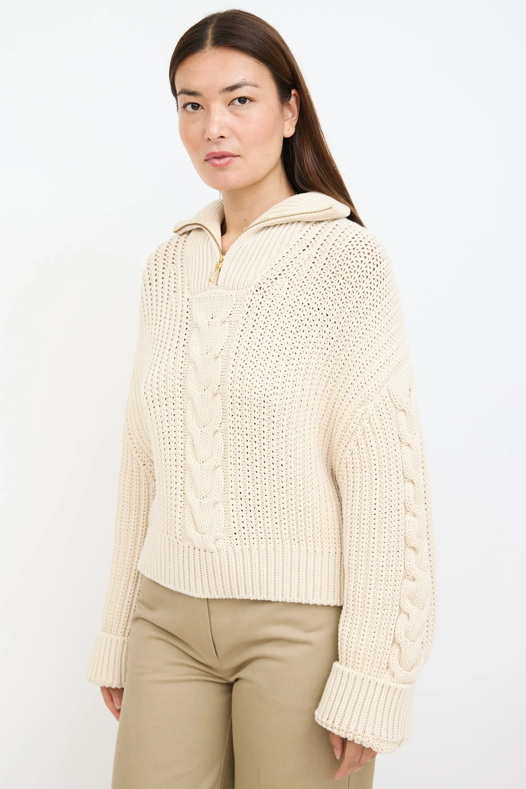 Cream Eria Cable Knit Zip Sweater