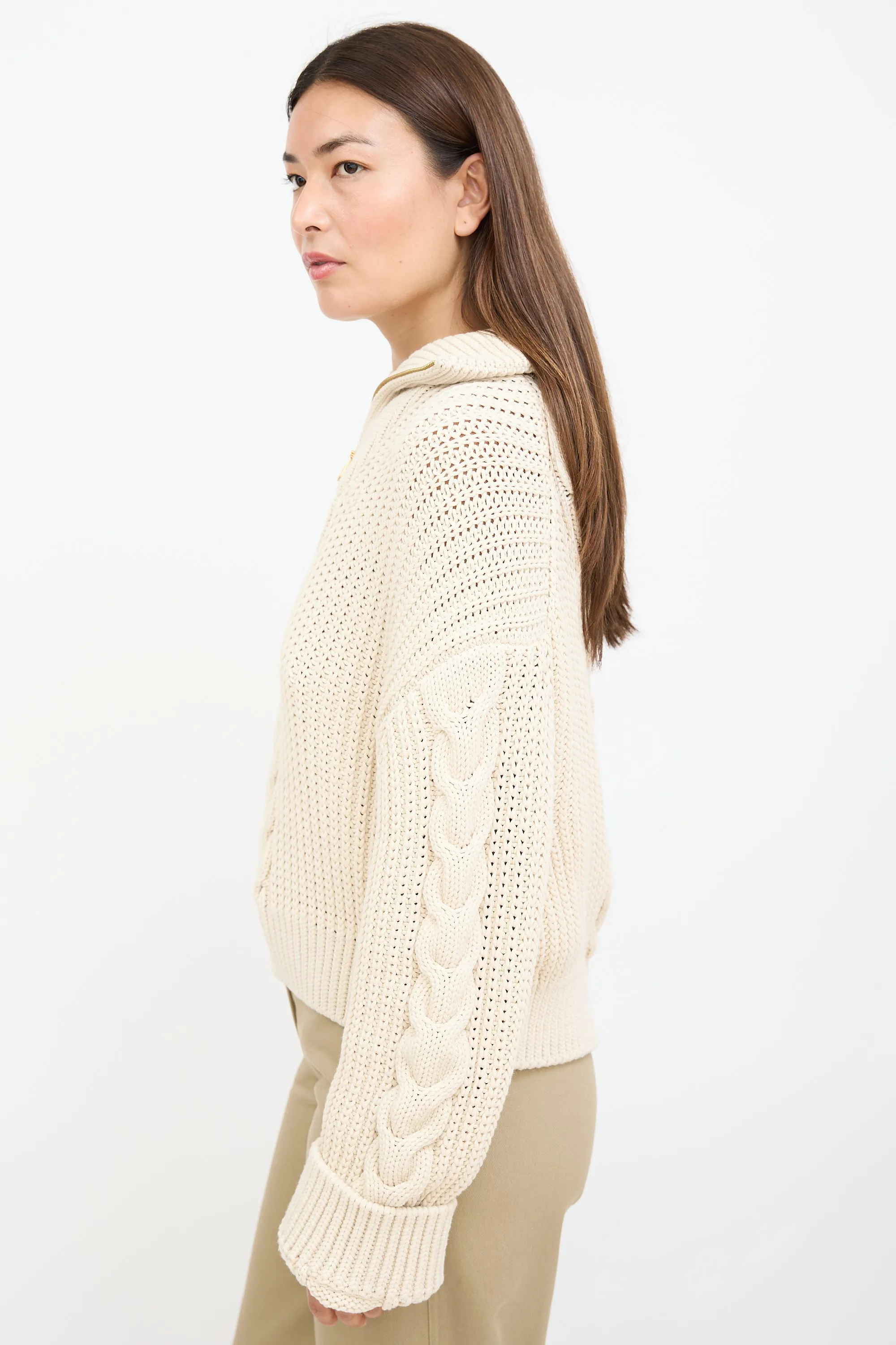 Cream Eria Cable Knit Zip Sweater