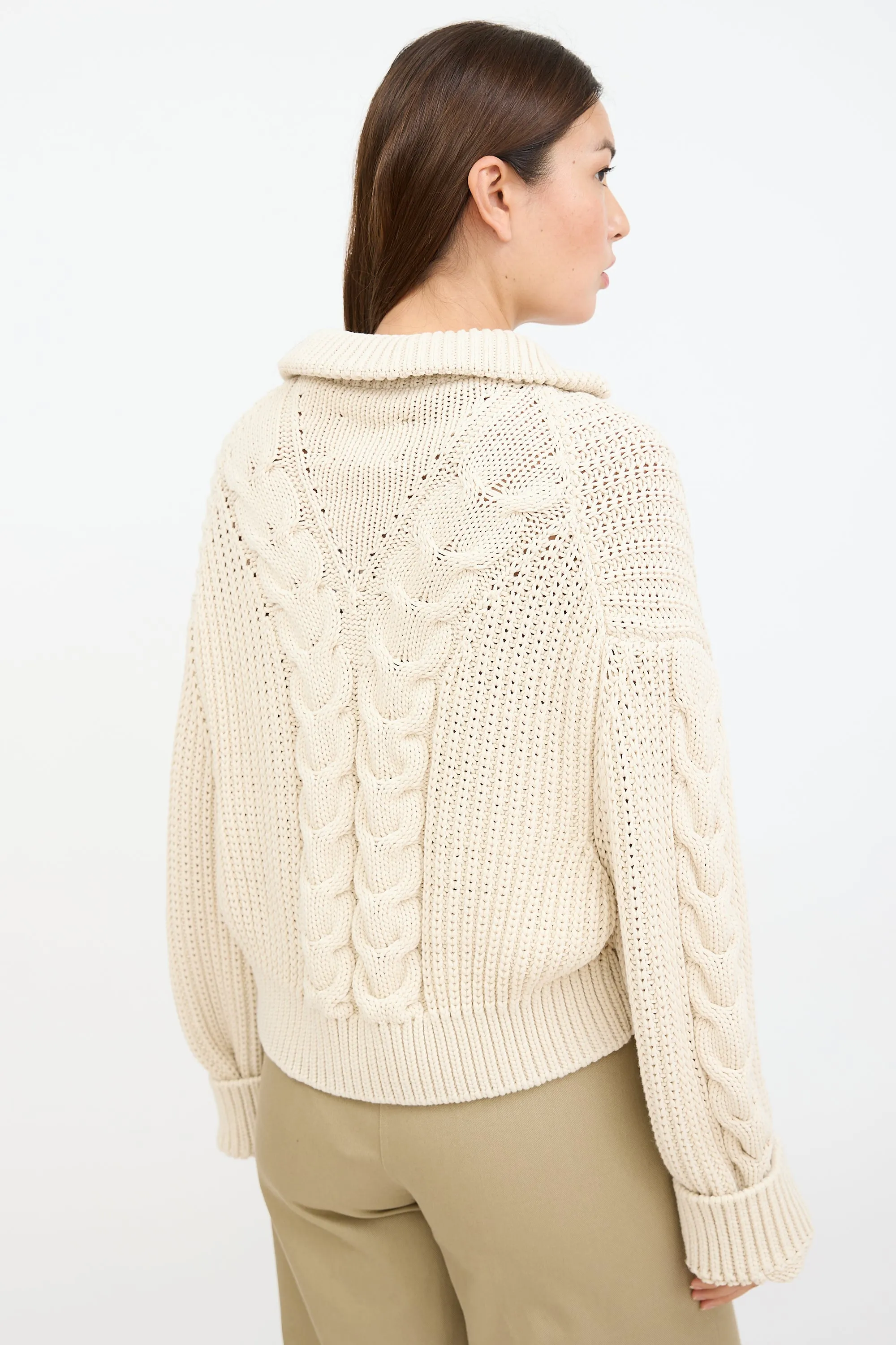 Cream Eria Cable Knit Zip Sweater