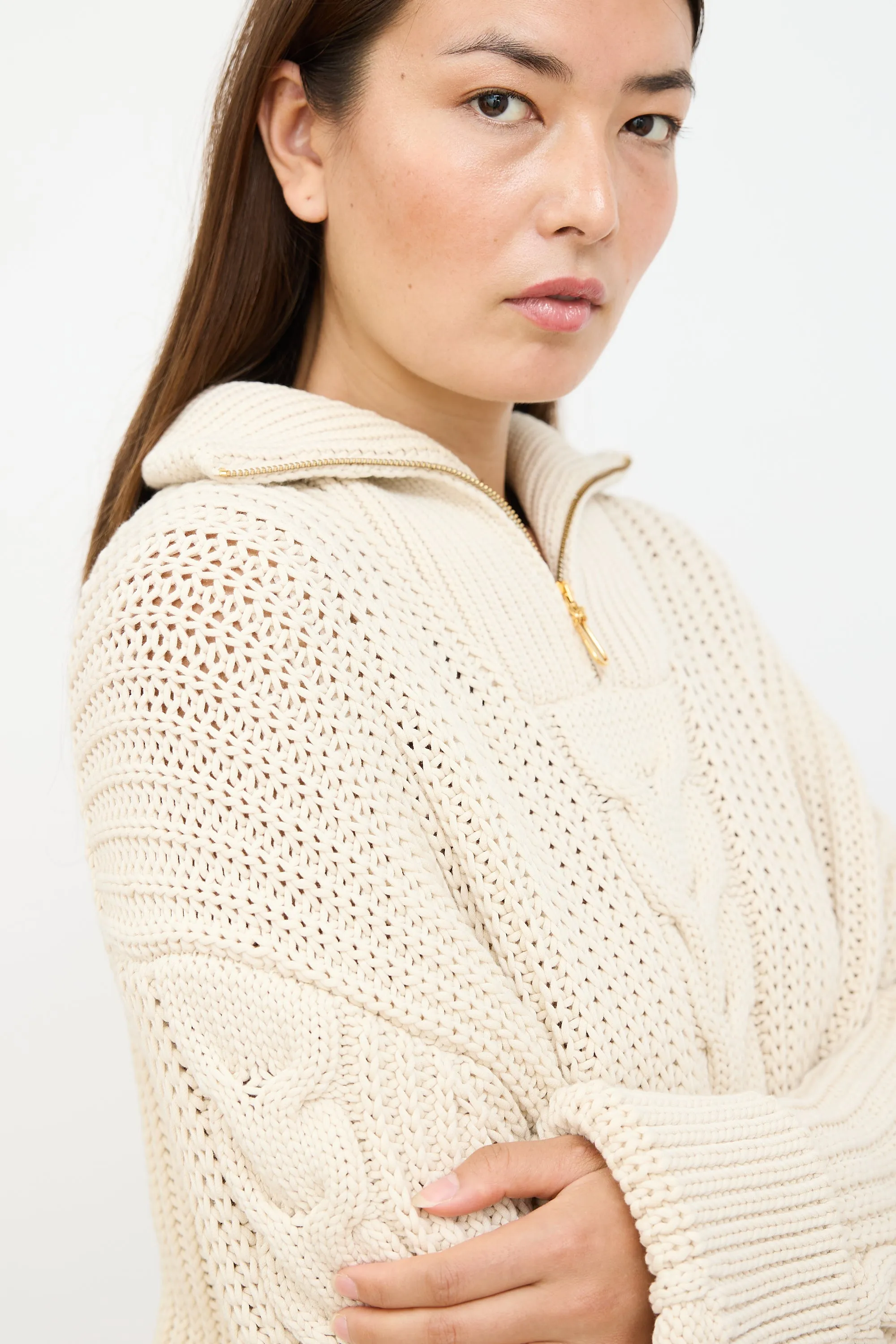 Cream Eria Cable Knit Zip Sweater