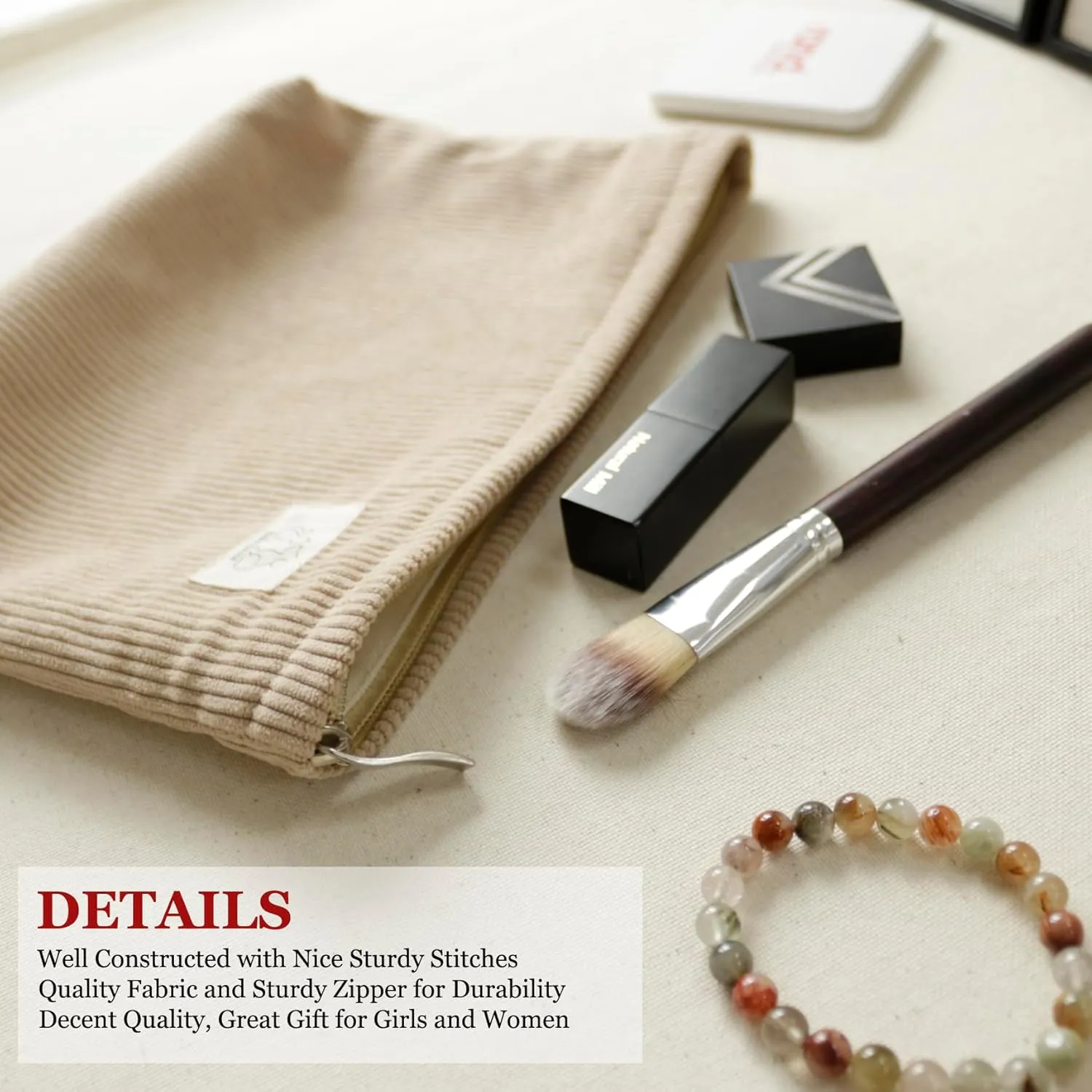 Creamy Light Khaki Corduroy Makeup Bag Cosmetic Toiletry Travel Pouch, Make Up Accessory Purse Organizer, Canvas Lined