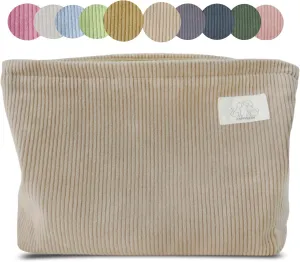 Creamy Light Khaki Corduroy Makeup Bag Cosmetic Toiletry Travel Pouch, Make Up Accessory Purse Organizer, Canvas Lined