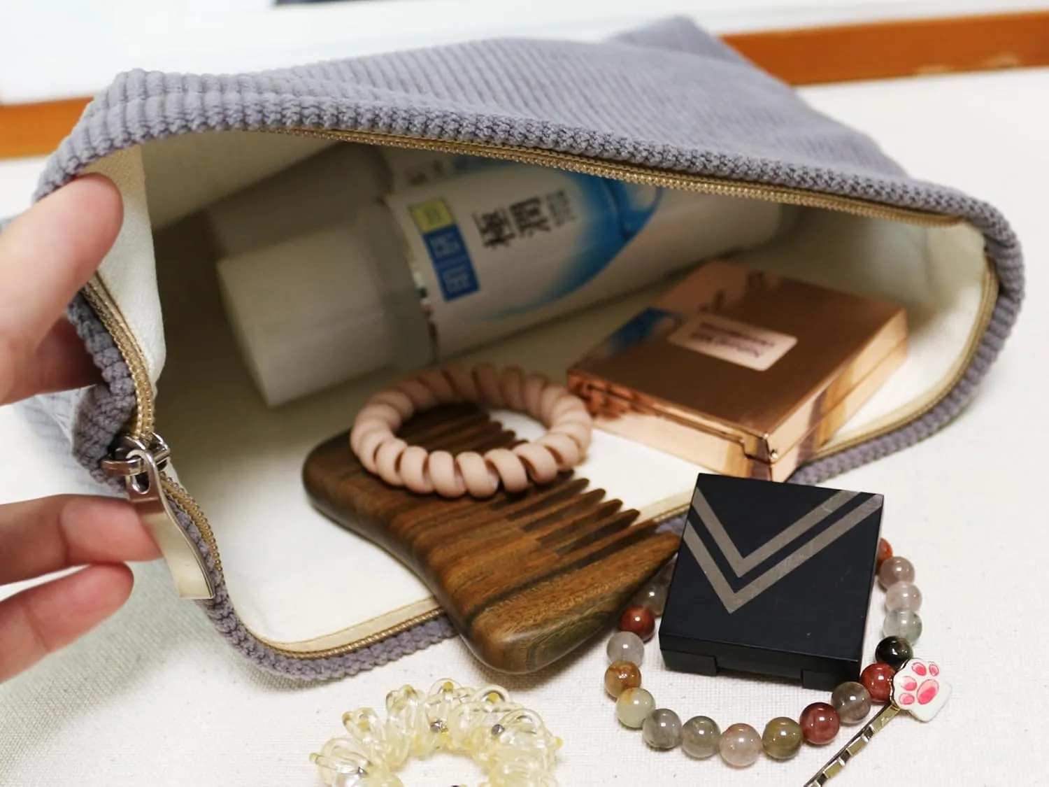 Creamy Light Khaki Corduroy Makeup Bag Cosmetic Toiletry Travel Pouch, Make Up Accessory Purse Organizer, Canvas Lined