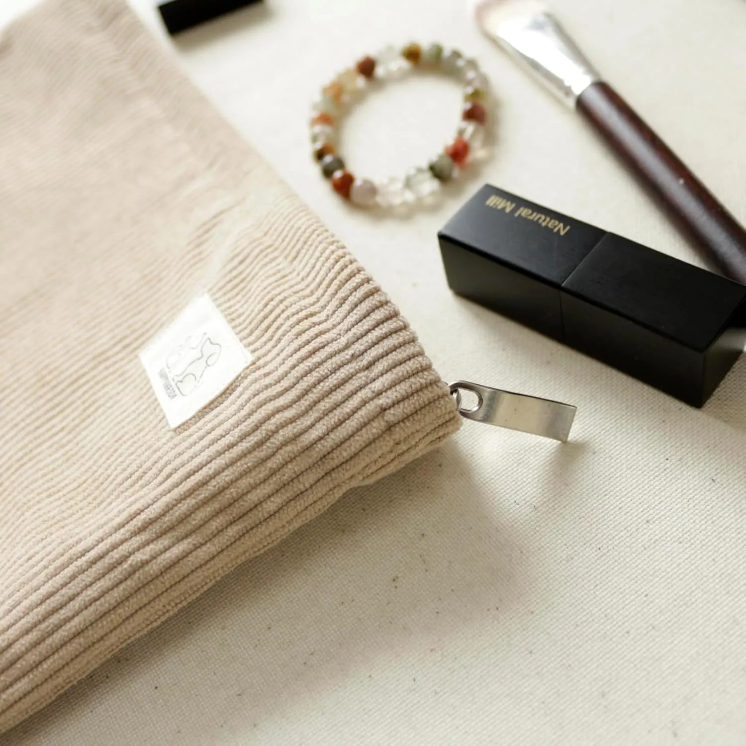 Creamy Light Khaki Corduroy Makeup Bag Cosmetic Toiletry Travel Pouch, Make Up Accessory Purse Organizer, Canvas Lined