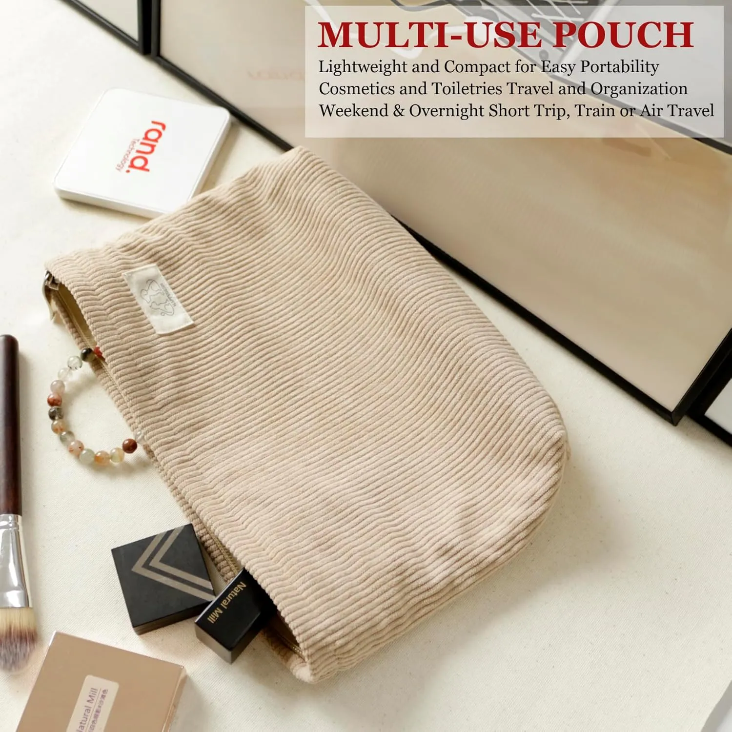 Creamy Light Khaki Corduroy Makeup Bag Cosmetic Toiletry Travel Pouch, Make Up Accessory Purse Organizer, Canvas Lined