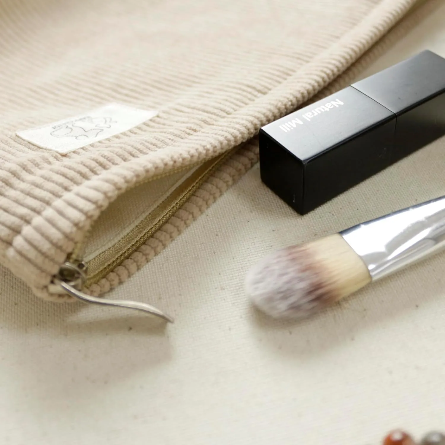 Creamy Light Khaki Corduroy Makeup Bag Cosmetic Toiletry Travel Pouch, Make Up Accessory Purse Organizer, Canvas Lined