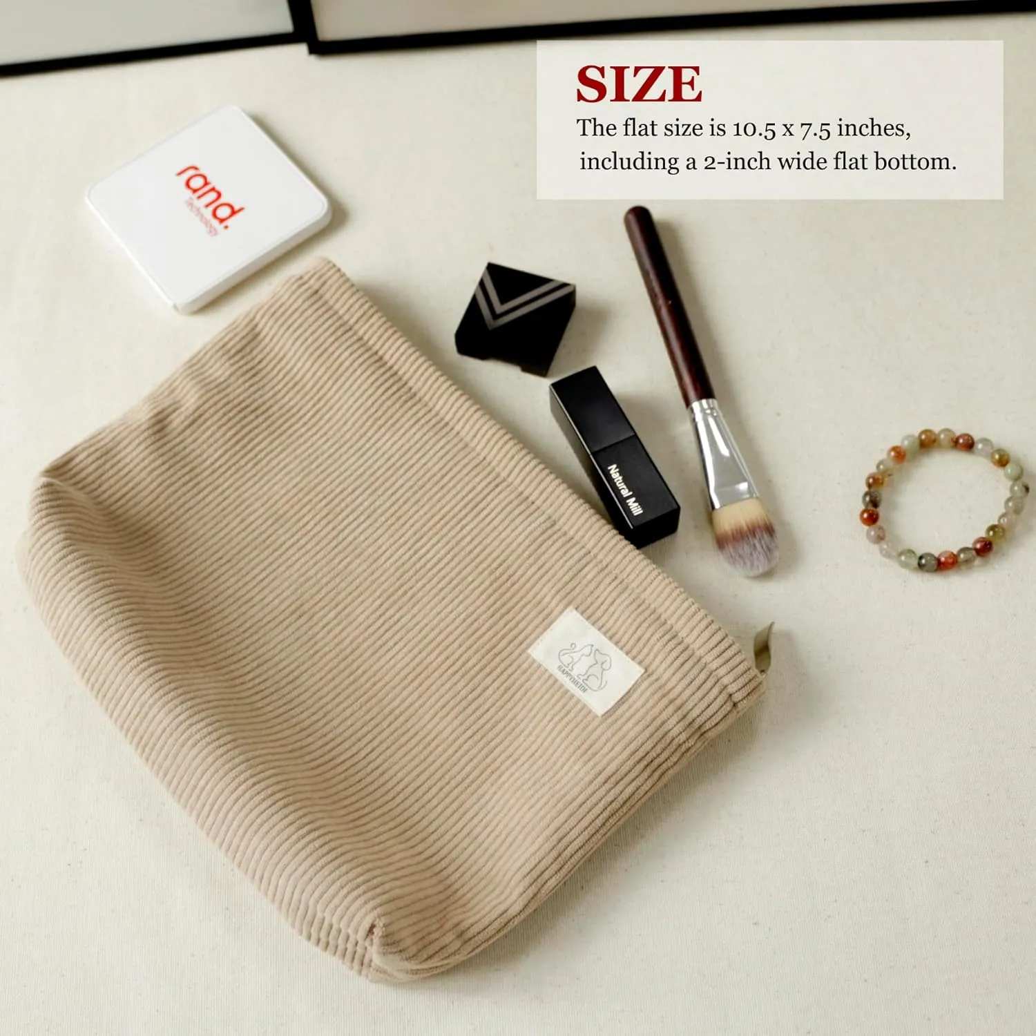 Creamy Light Khaki Corduroy Makeup Bag Cosmetic Toiletry Travel Pouch, Make Up Accessory Purse Organizer, Canvas Lined