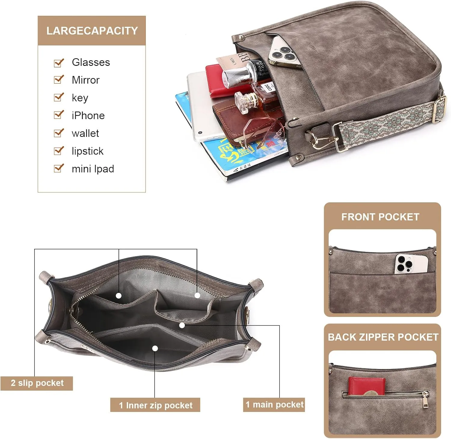 Crossbody Bag for Women Trendy Vegan Leather Hobo Handbags With 2PCS Adjustable Guitar Strap Shoulder Purse For Women