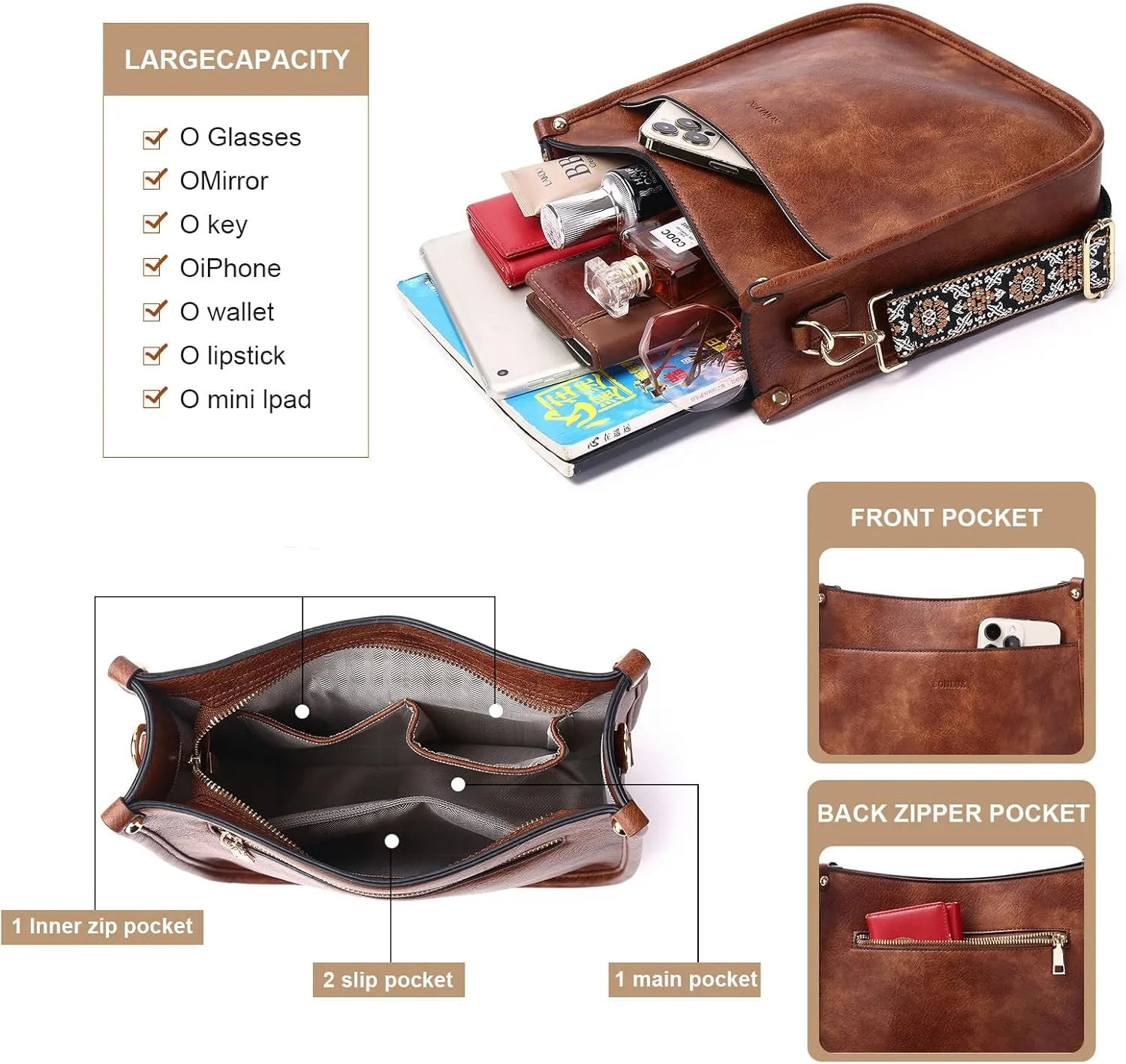 Crossbody Bag for Women Trendy Vegan Leather Hobo Handbags With 2PCS Adjustable Guitar Strap Shoulder Purse For Women