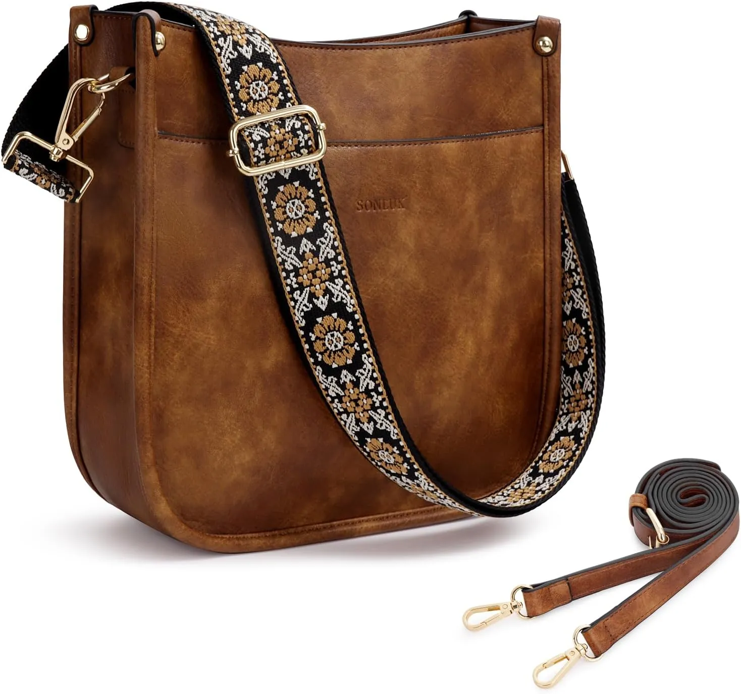 Crossbody Bag for Women Trendy Vegan Leather Hobo Handbags With 2PCS Adjustable Guitar Strap Shoulder Purse For Women