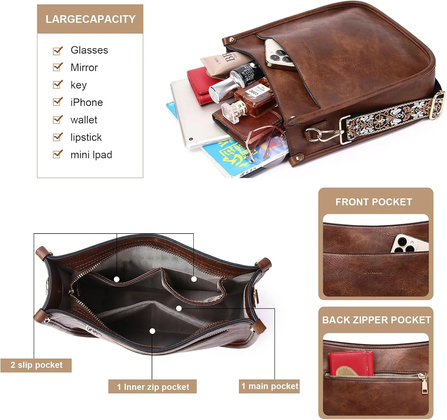 Crossbody Bag for Women Trendy Vegan Leather Hobo Handbags With 2PCS Adjustable Guitar Strap Shoulder Purse For Women