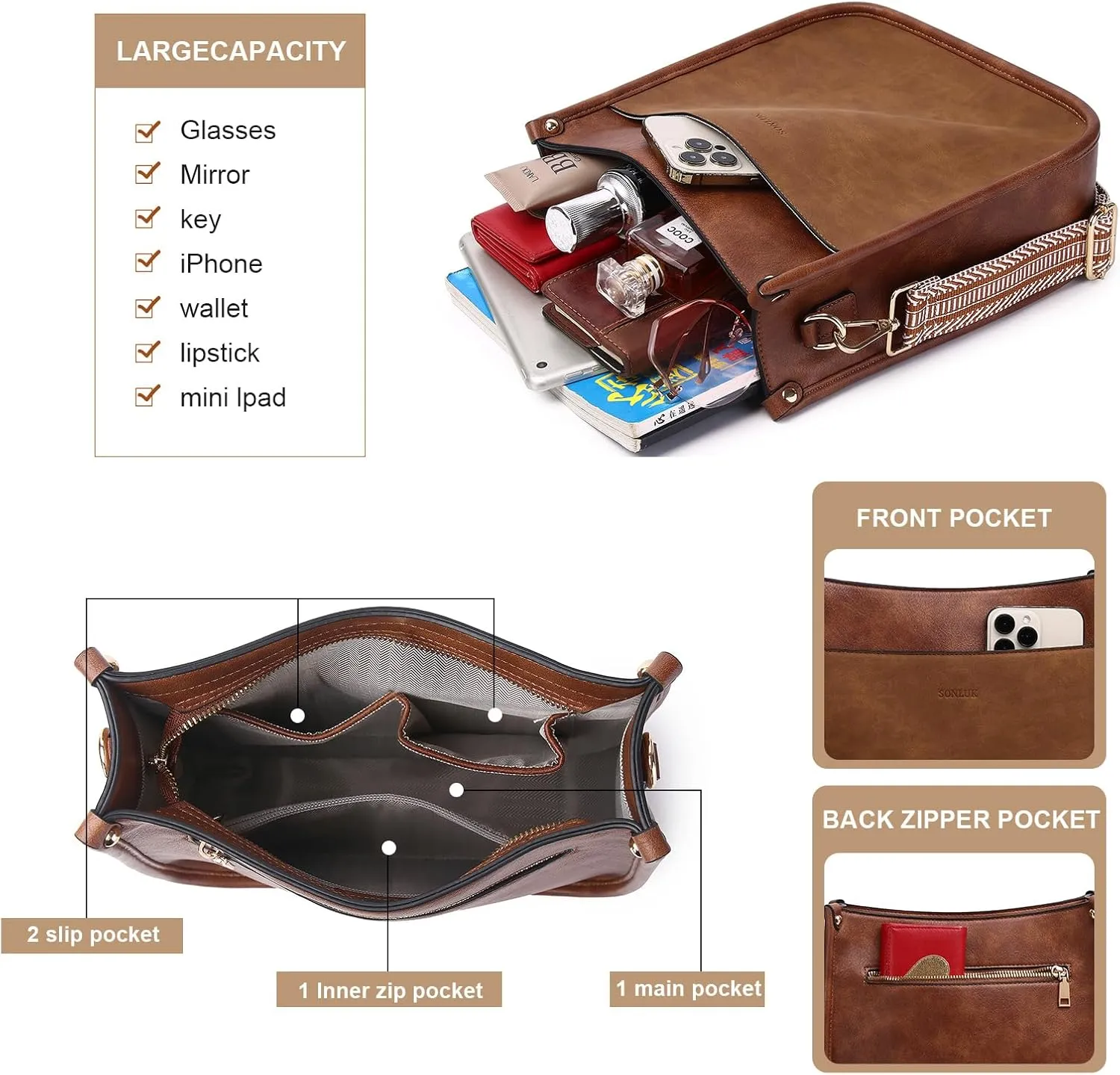 Crossbody Bag for Women Trendy Vegan Leather Hobo Handbags With 2PCS Adjustable Guitar Strap Shoulder Purse For Women