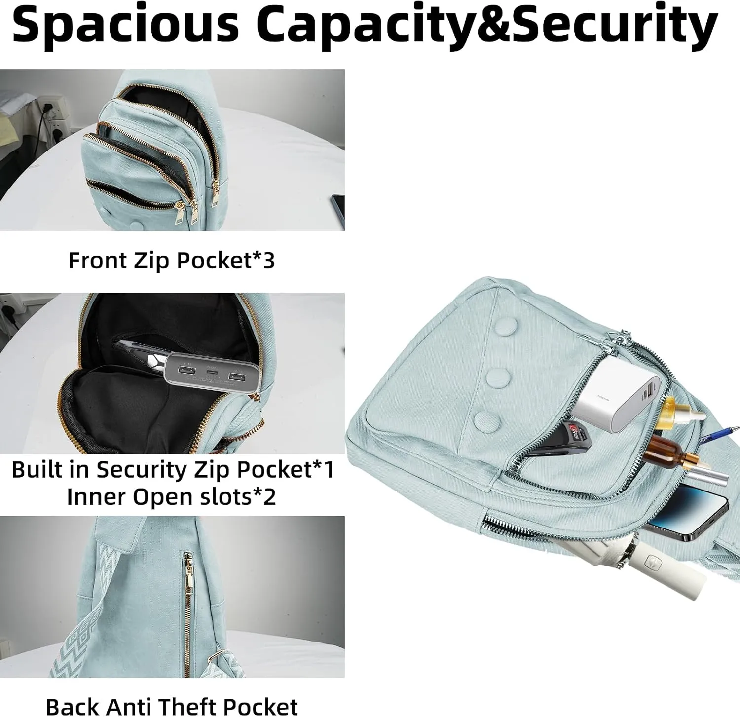 Crossbody Sling Bag for Women Men Crossbody Bag Fanny Packs Purses Fashion Multifunction Faux Leather Chest Bag Travel Anti Theft (Light Blue)