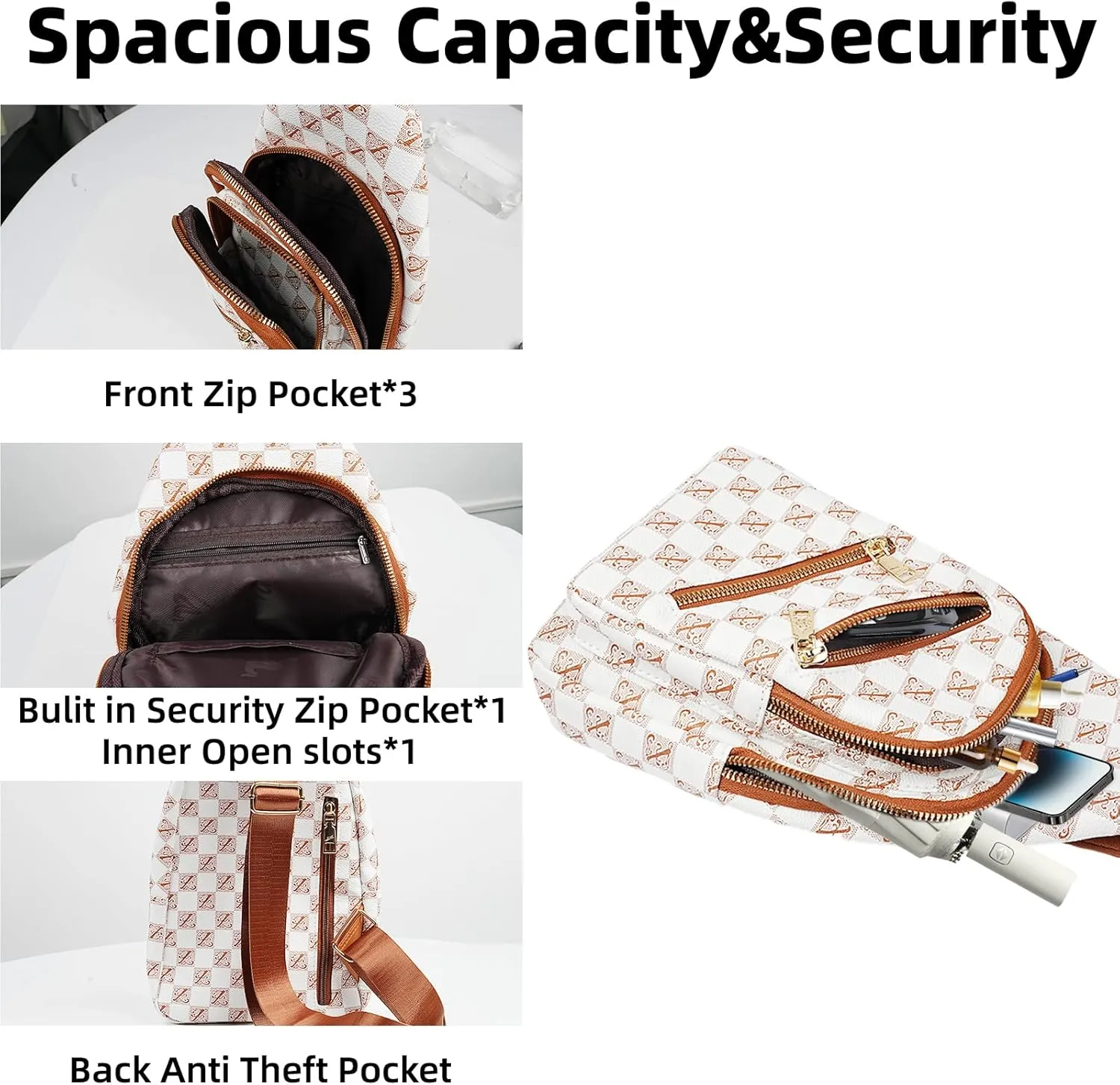 Crossbody Sling Bag for Women Men Crossbody Bag Fanny Packs Purses Fashion Multifunction Faux Leather Chest Bag Travel Anti Theft (Light Brown & White)