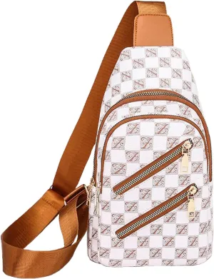 Crossbody Sling Bag for Women Men Crossbody Bag Fanny Packs Purses Fashion Multifunction Faux Leather Chest Bag Travel Anti Theft (Light Brown & White)
