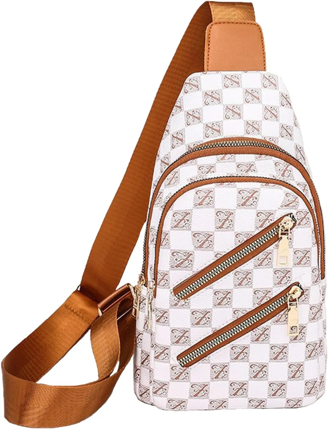 Crossbody Sling Bag for Women Men Crossbody Bag Fanny Packs Purses Fashion Multifunction Faux Leather Chest Bag Travel Anti Theft (Light Brown & White)