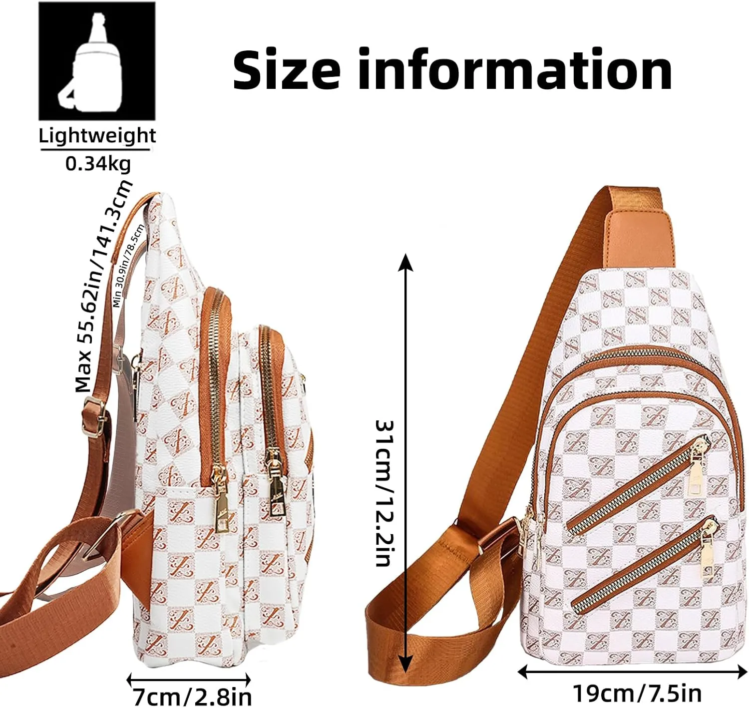 Crossbody Sling Bag for Women Men Crossbody Bag Fanny Packs Purses Fashion Multifunction Faux Leather Chest Bag Travel Anti Theft (Light Brown & White)